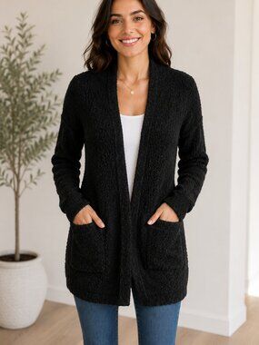 Free People Wool Blend Black Bouclé Cocoon Cardigan Sweater M